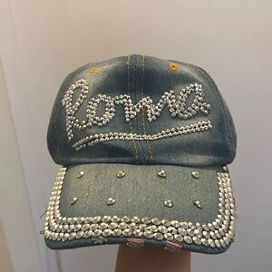 Rhinestone Embellished Denim Baseball Cap - Blue